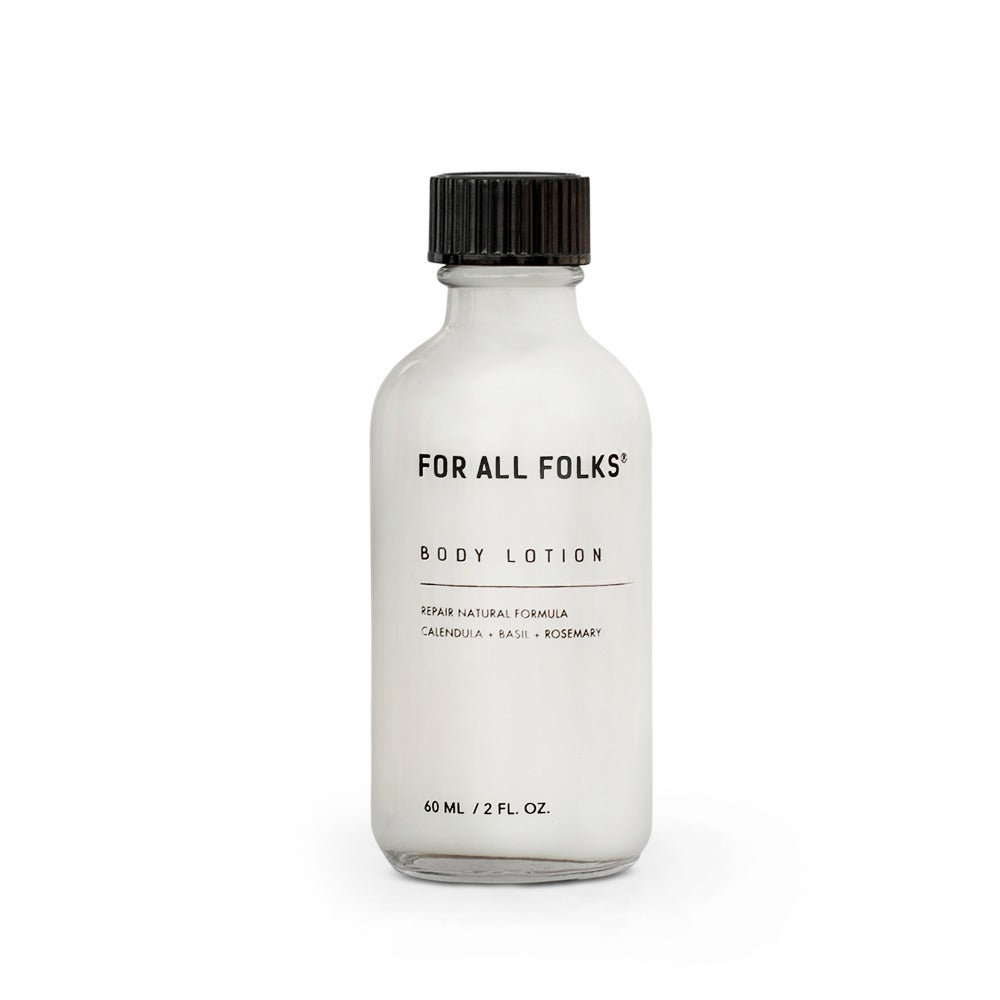 Body Lotion For All Folks. Botella de 60ml. Loción corporal con calendula, albahaca y romero.
