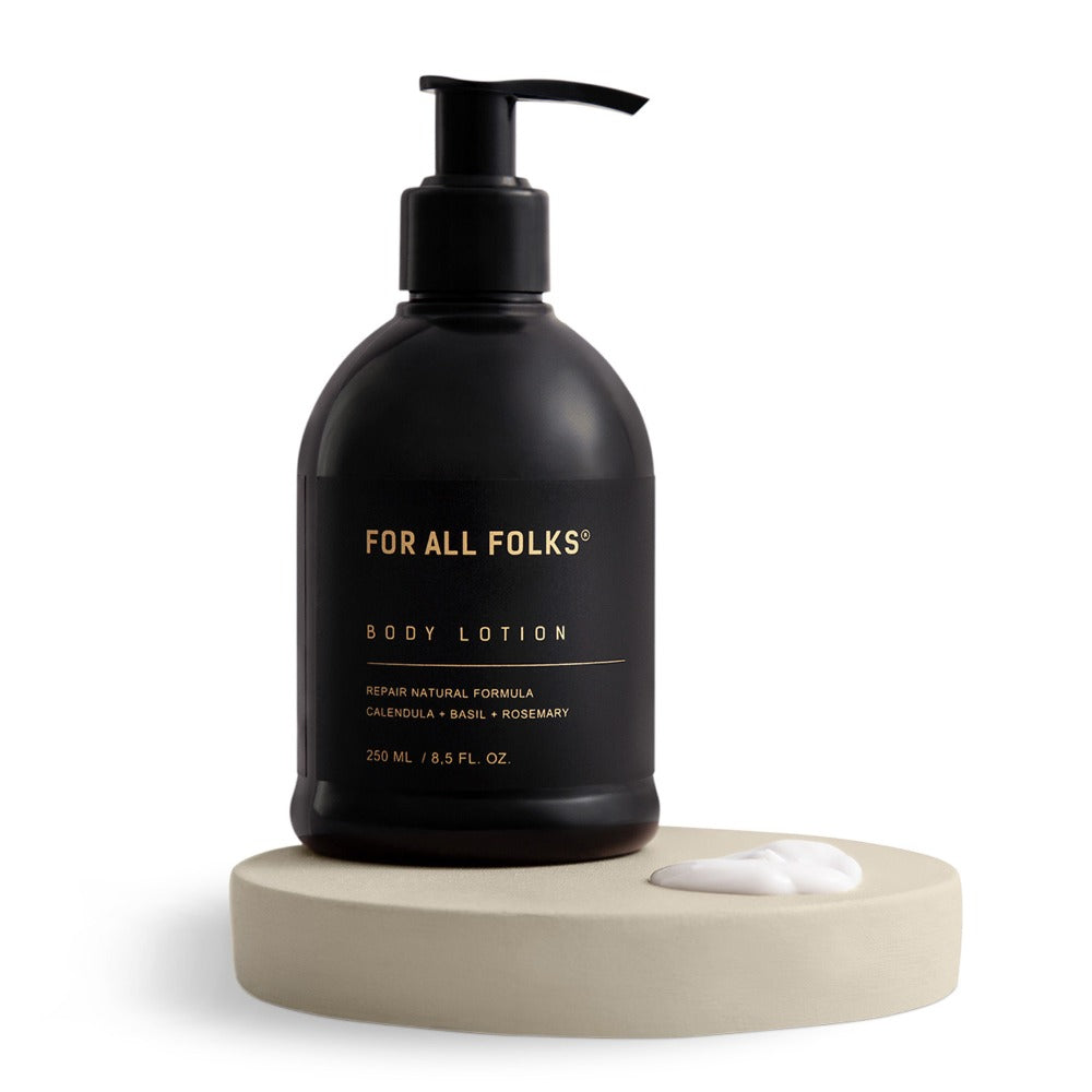 Body Lotion For All Folks. Dispenser de 250ml. Loción corporal con caléndula, albahaca y romero.