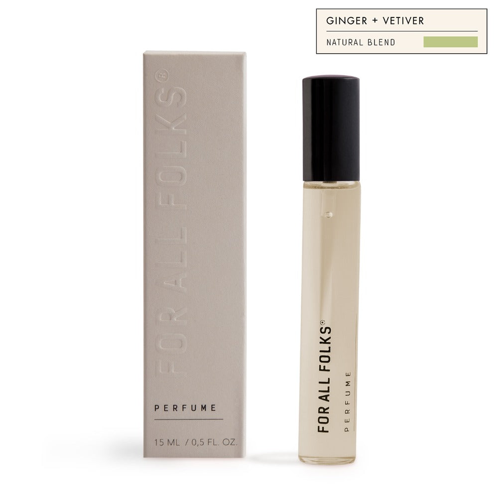 Perfume | Ginger + Vetiver | 15ml bottle and packaging. For All Folks